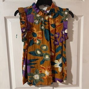 THML Romey Floral Ruffle Sleeve Sleeveless Top in Mustard Purple Green White Red